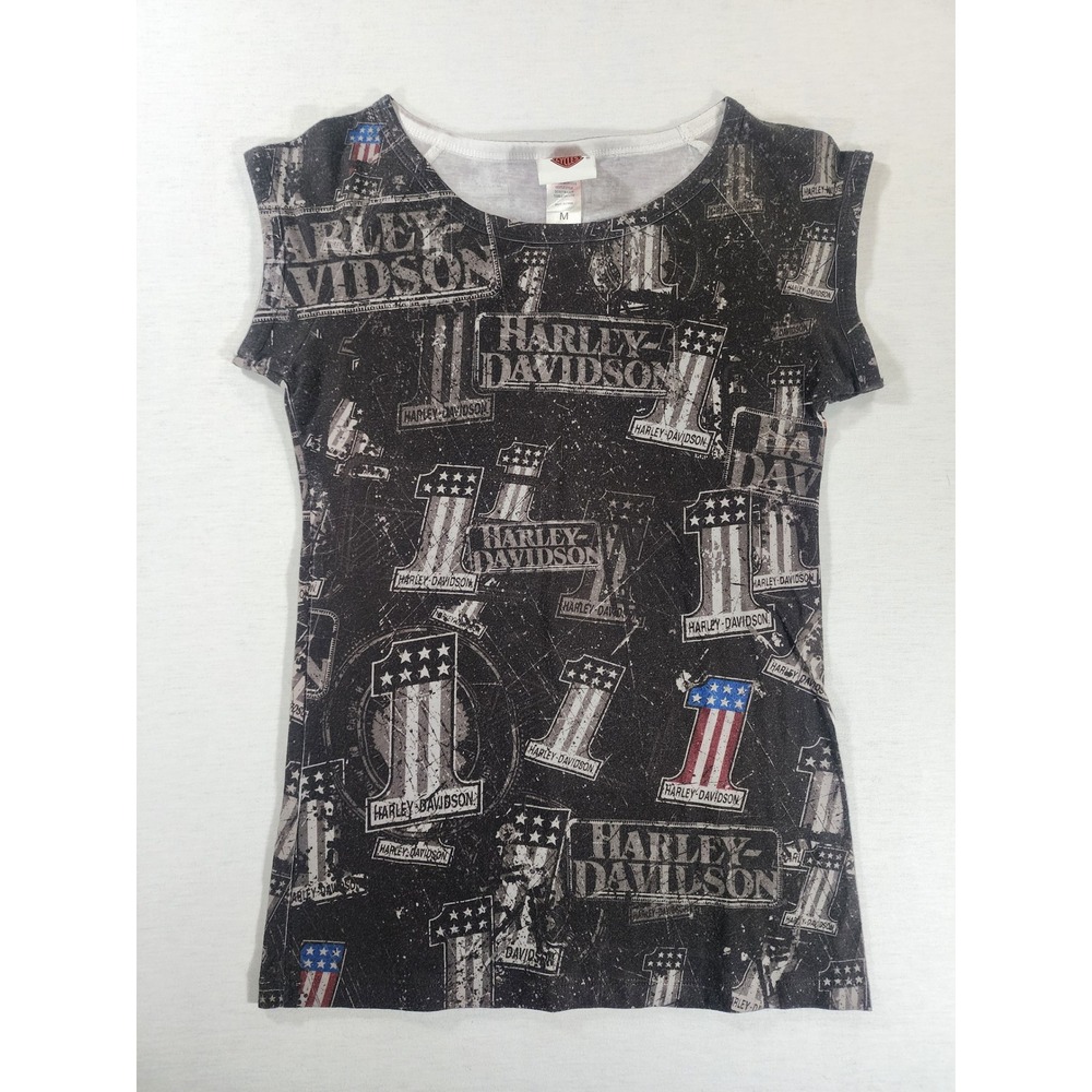 Harley Davidson Top Women M All Over Print Cap Sleeve‎ Ozark Lebanon MO AOP HD